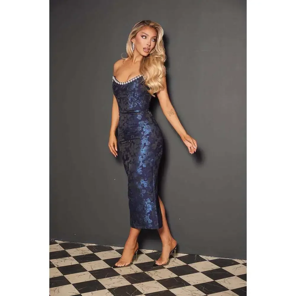 Vanessa Corset Midi Pearl Rhinestone Bust Detail Strapless Dress